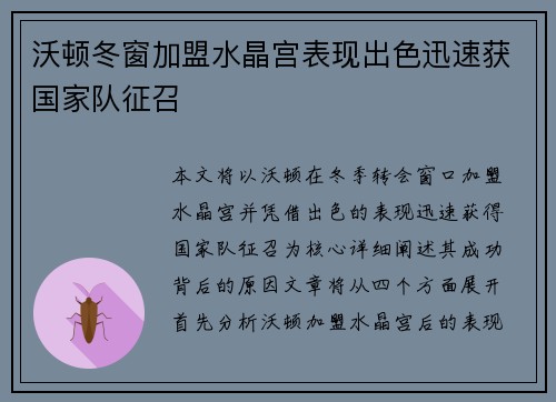 沃顿冬窗加盟水晶宫表现出色迅速获国家队征召